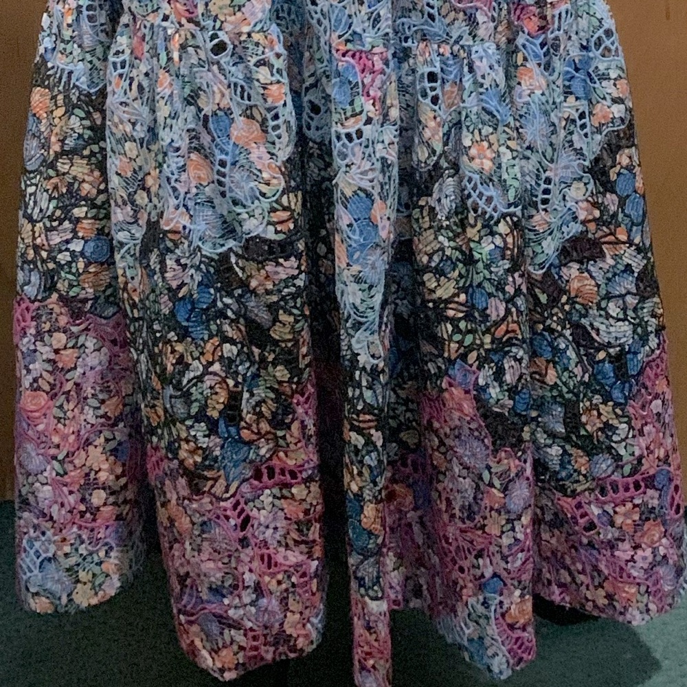 Anthropologie Blue Black Pink Floral Embroidery Ruffle Eyelet Lined Maxi Dress - Picture 11 of 16